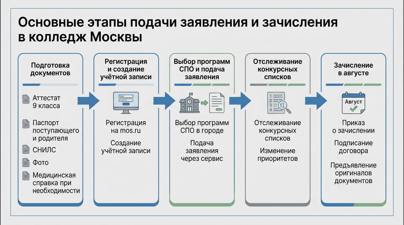 этапы подачи заявления и  зачисления в колледж Москвы